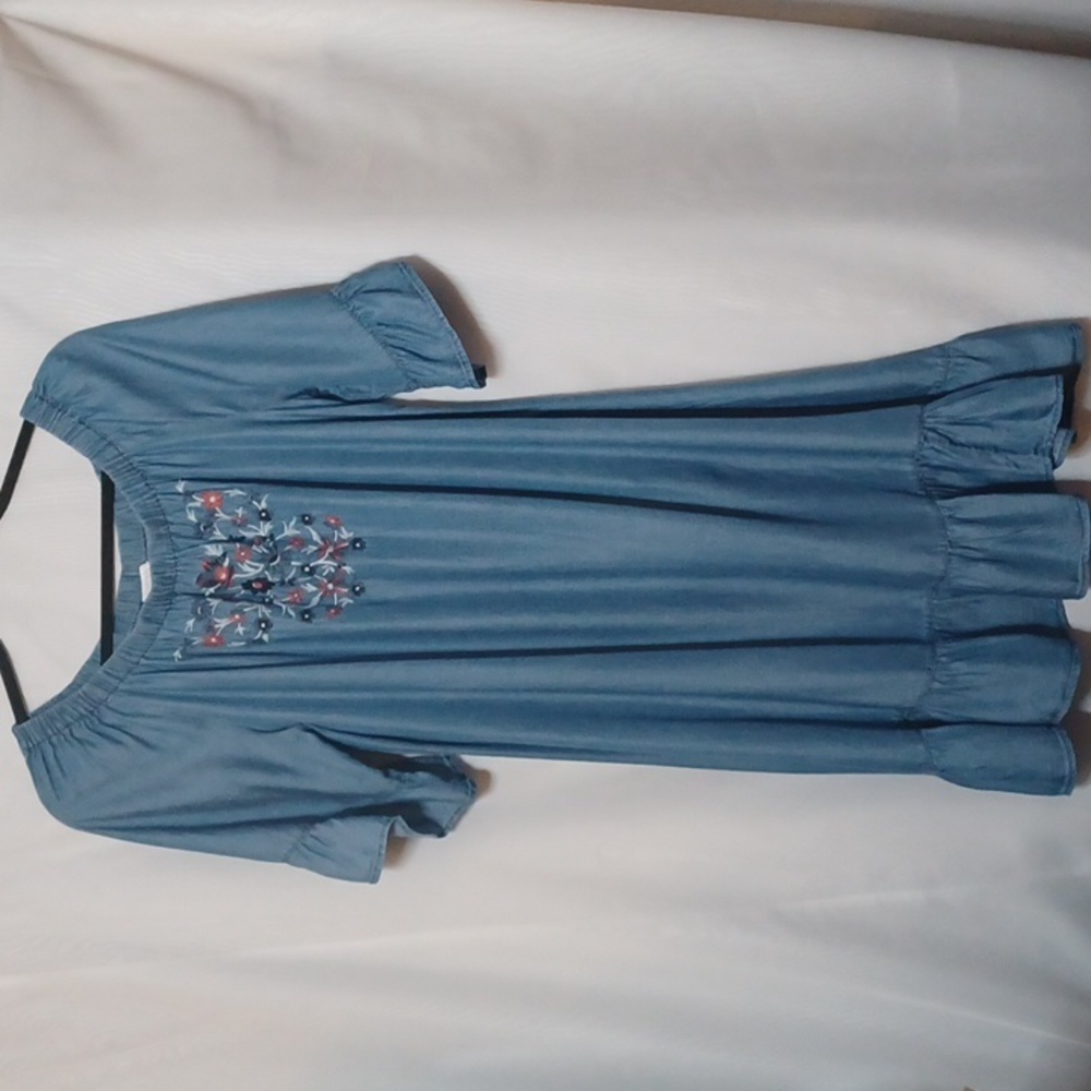 Dreams & Co Women's Blue Lyocell Embroidered Ruffle Dress. Size 18/20